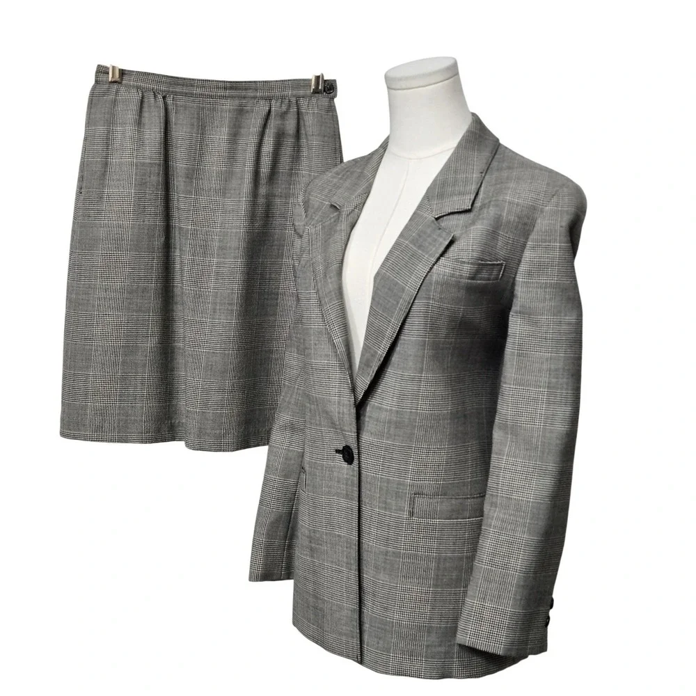 Vintage Pendleton Skirt Suit Set Womens 8‎ Petite Gray Glen Plaid Made USA 90s